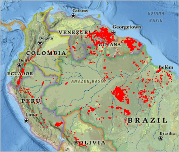 An overview map of mining sites in the Amazon basin