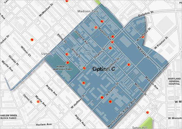 Zoom map so the Option C area is only visible in the map extent