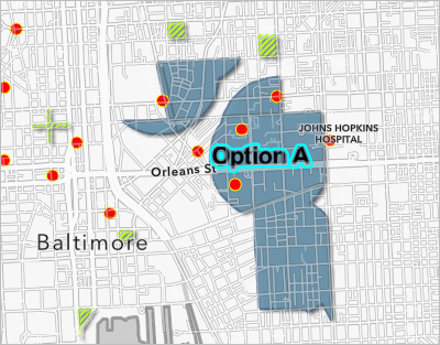 Option A label over the area east of Downtown Baltimore