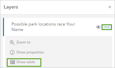 Show table on the Options menu for the Possible park locations race layer