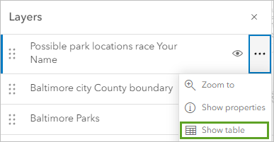 Show table on the Options menu for the Possible park locations race layer