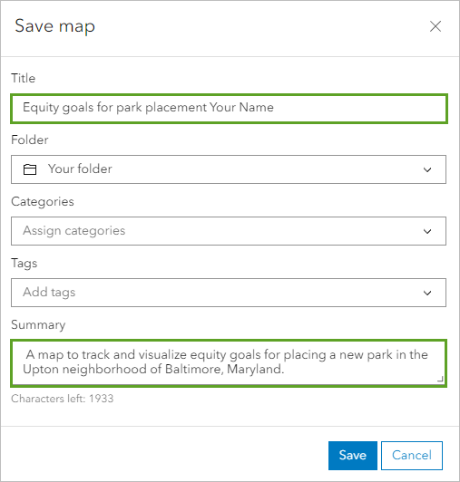 Parameters entered in the Save map window