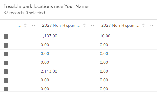 Table for Possible park locations race layer showing the race and ethnicity variables