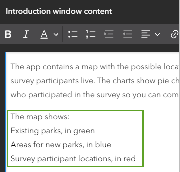 Text describing map contents entered in the Introduction window content below the first paragraph of text