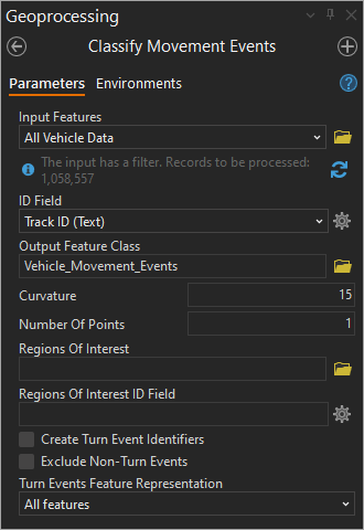 Parameters for the Classify Movement Events tool