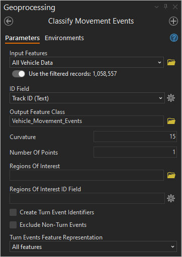 Parameters for the Classify Movement Events tool