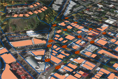 Map with building footprints and manhole covers