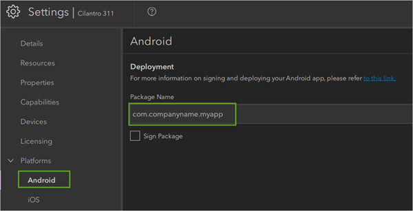 Specify Android package name.