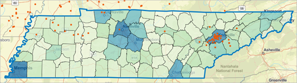 Counties symbolized green to blue