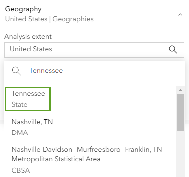 Search results showing Tennessee