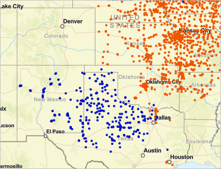 Allsup's locations symbolized blue