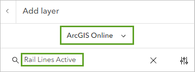 ArcGIS Online in the Add layers pane and Rail Lines Active in the search bar