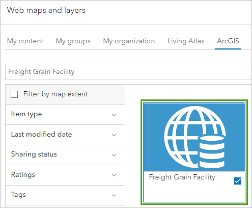 Freight Grain Facility layer in the Web maps and layers window