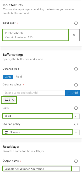 Parameters entered in the Create Buffers tool pane