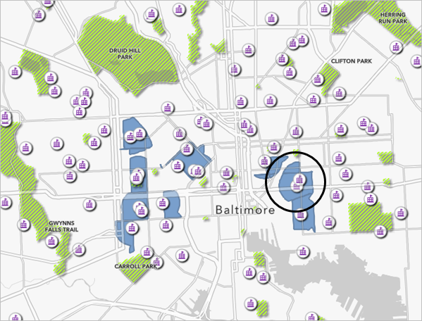 Possible park area east of the center of Baltimore