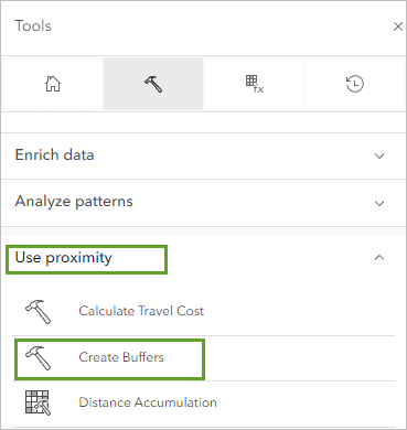 Create Buffers tool in the Use proximity section in the Tools pane