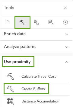 Create Buffers tool in the Use proximity section in the Tools pane