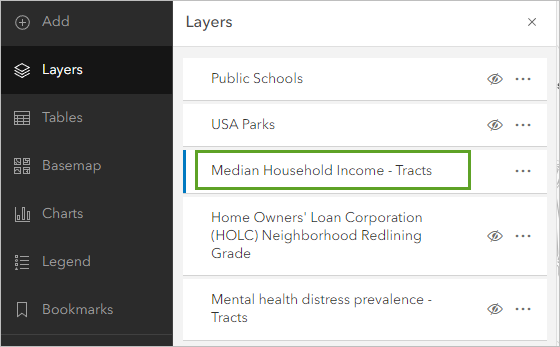 The Median Household Income - Tracts layer selected in the Layers pane