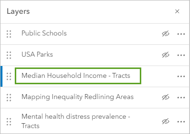 The Median Household Income - Tracts layer selected in the Layers pane