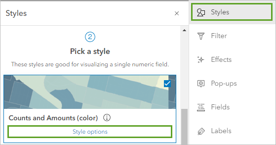 Style options for the Counts and Amounts (color) style in the Styles pane