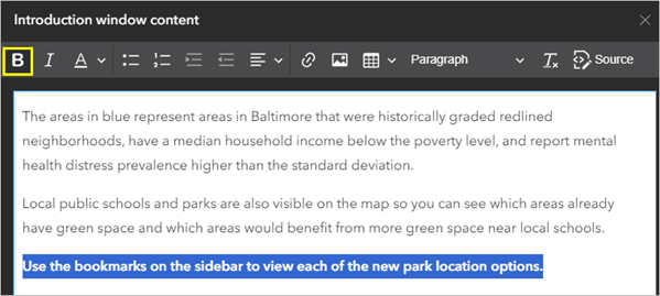 Bold and the final sentence highlighted in the Introduction window content editor