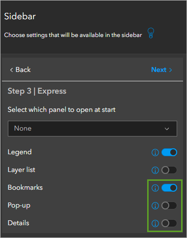 The Bookmarks, Pop-up, and Details settings configured in the Sidebar pane