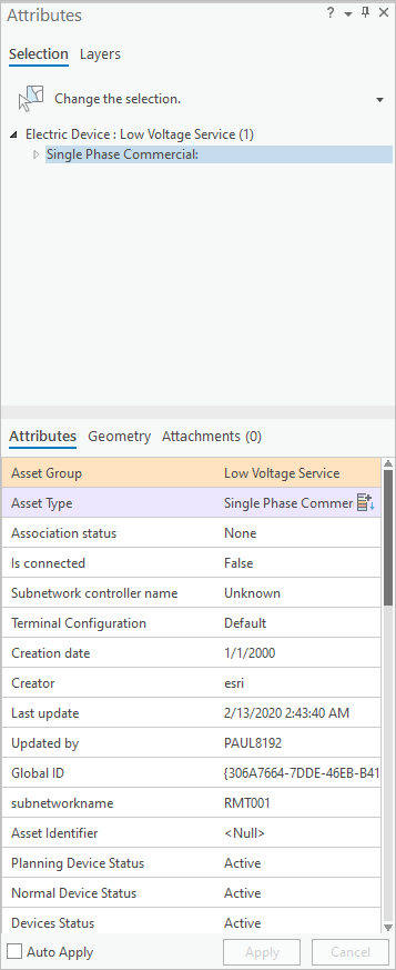 Attributes pane for the selected feature