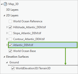 Atlantic_DEM.tif layer dragged into the Elevation Surfaces layer category