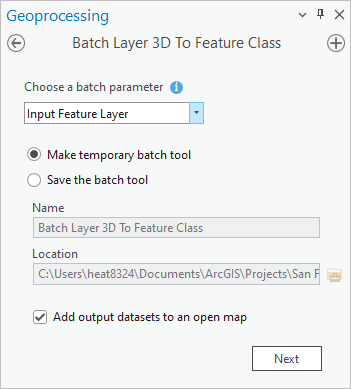Default settings for the Batch Layer 3D to Feature Class tool