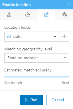 Parameters for the Enable location pane