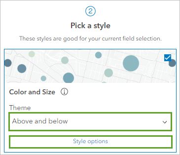 Theme set to Above and below for the Color and Size style and the Style options button.