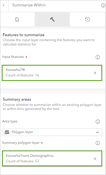 KanawhaTRI set for Input features and KanawhaTracts Demographics set for Summary polygon layer.