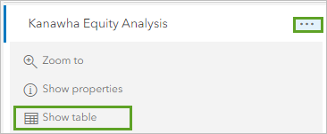 Show table in the Options menu for the Kanawha Equity Analysis layer