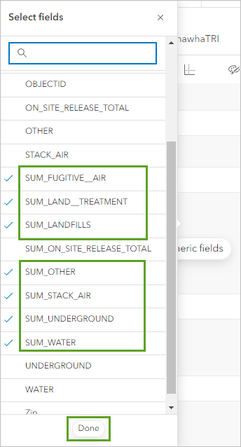 Chemical release type fields selected in the Select fields window for choosing numeric fields for the bar chart.