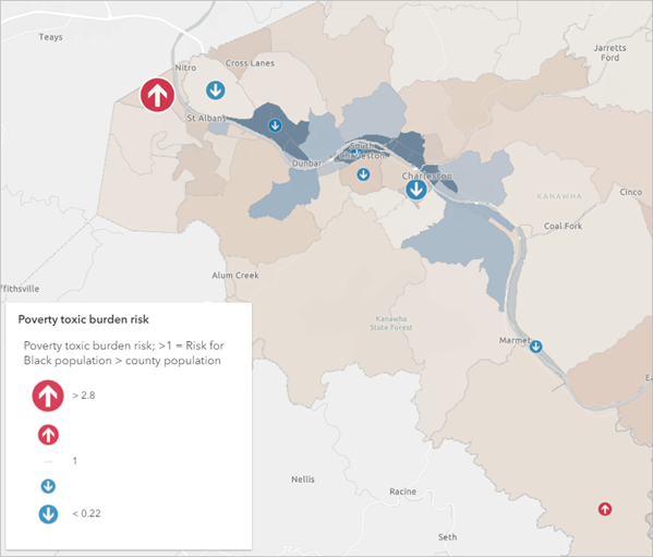 Map showing the toxic burden risk on the population in poverty compared to the total population.