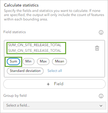 SUM_ON_SITE_RELEASE_TOTAL field selected for Field statistics and set to Sum statistic type.