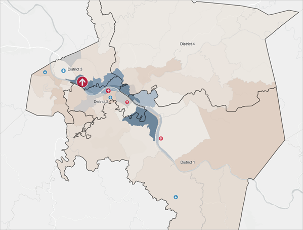 Final policy map showing toxic burden risk disparity by race and the county district boundaries.