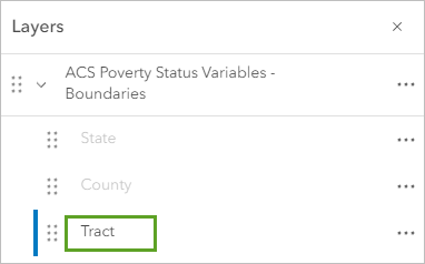 Tract layer in the ACS Poverty Status Variables - Boundaries group layer selected in the Layers pane.