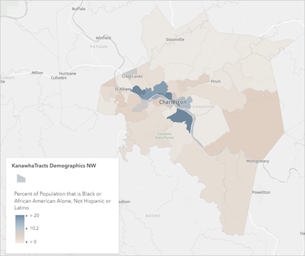 Predominant category style map for Black and White population in Kanawha County, West Virginia