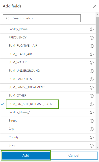The SUM_ON_SITE_RELEASE_TOTAL field selected in the Add fields window and the Add button