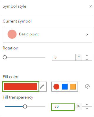 Fill color set to a red color and Fill transparency set to 50% in the Symbol style window.