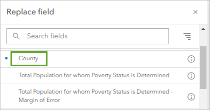 County field selected in the Replace field window.