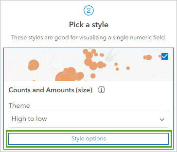Style options for the Counts and Amounts (size) style in the Styles pane