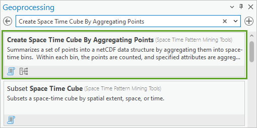 Search for the Create Space Time Cube By Aggregating Points tool.
