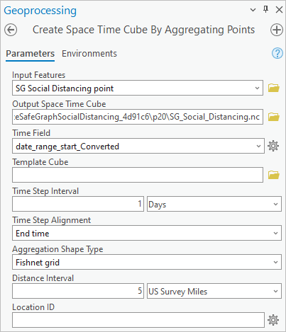 First group of inputs to Create Space Time Cube By Aggregating Points tool
