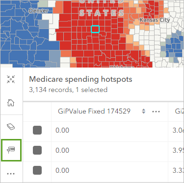 Show selected button in the attribute table and a red county selected in the map