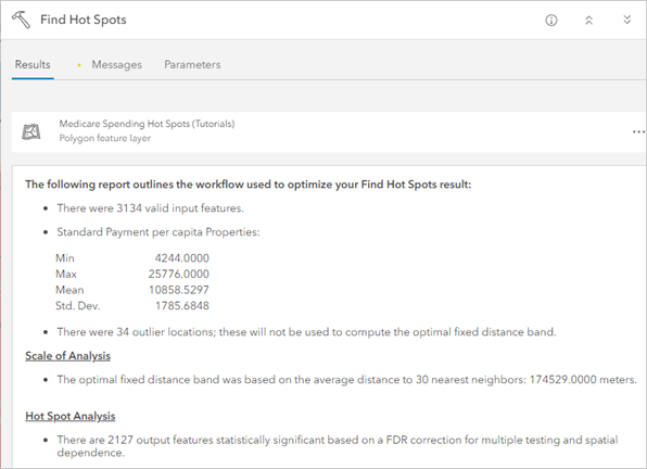 Results tab for the Find Hot Spots tool that was run