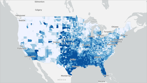 Layer styled to show Medicare expenditures in 2022 by county