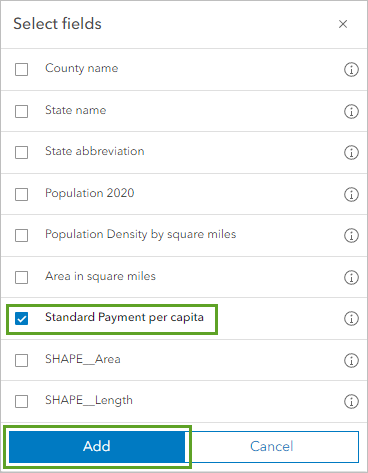 The Standard Payment per capita field and the Add button in the Select fields window