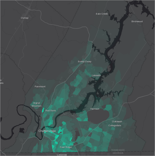 Mapa con grupos de bloques representados en verde transparente